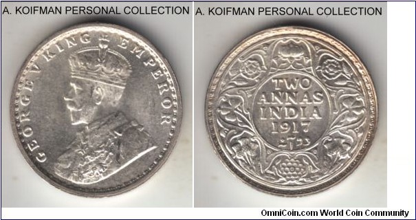 KM-515, 1917 British India 2 annas, Calcutta mint; silver, plain edge; average uncirculated, bright lustrous.