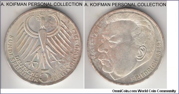 KM-141, 1975 Germany (Federal Republic 5 mark, Hamburg mint (J mint mark); silver, lettered edge;  one year commemorative marking 50th Anniversary - Death of Friedrich Ebert, toned uncirculated.