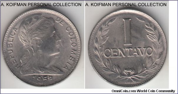 KM-275a, 1958 Colombia centavo; nickel clad steel, plain edge; possible 1958/8 overdate, this type, as well as severl other contemporary types is known for their variety of unlisted overdates, appear to be uncirclated.