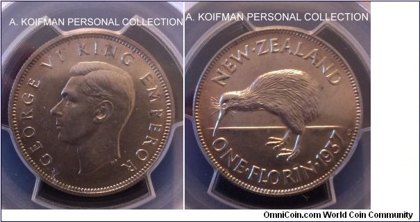KM-10.1, 1937 New Zealand florin; silver, reeded edge; choice uncirculated, good mint luster, PCGS graded MS 63.
