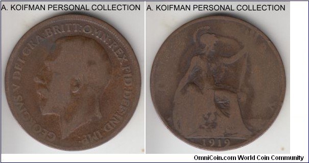 KM-810, 1919 Great Britain penny, Heaton mint (H mint mark); bronze, plain edge; circulater fare, scarcer mint variety.