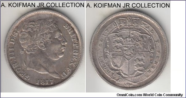KM-666, 1817 Great Britain shilling; silver, reeded edge; George III laureate head, very fine to good very fine.