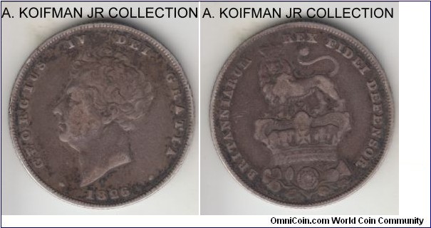 KM-694, 1826 Great Britain shilling; silver, reeded edge; George IV early and more common issue, coin alignment, dark naturally toned good fine to about very fine.