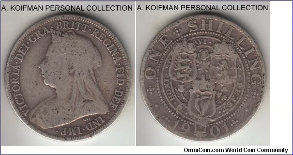 KM-780, 1901 Great Britain shilling; silver, reeded edge; mature head type, Victoria last year of mintage, good or about.