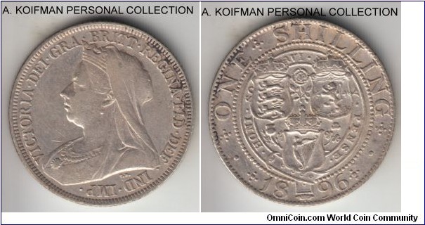 KM-780, 1896 Great Britain shilling; silver, reeded edge; late Victoria, mature veiled head type, regular (large) rose variety, very fine cleaned and retoning.