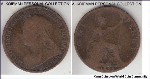 KM-790, 1896 Great Britain penny; bronze, plain edge; circulated and worn.
