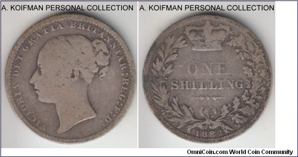KM-734.4, 1882 Great Britain shilling; silver, reeded edge; Victoria young head without the die numbers, scarcer key year, well worn.