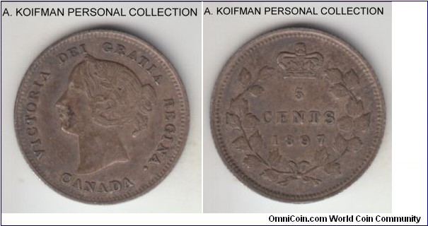 KM-2, 1897 Canada 5 cents; silver, reeded edge; late Victoria, possibly narrow 8 variety, dark original toning, about very fine to very fine.