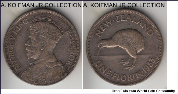 KM-4, 1933 New Zealand florin; silver, reeded edge; George V first year of mintage for New Zealand, good very fine with deep toning.