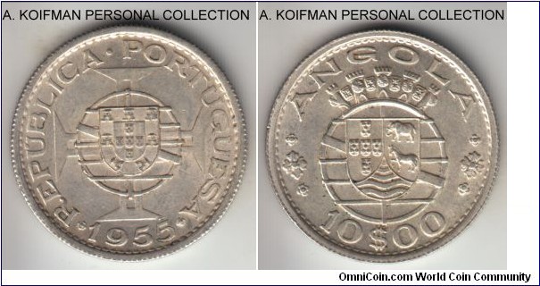 KM-73, 1955 Portuguese Angola 10 escudos; silver, reeded edge; second and last year of the type, lightly toned good extra fine to about uncirculated.