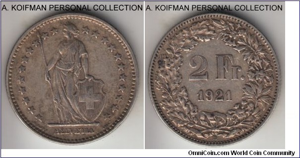 KM-21, 1921 Switzerland 2 francs, Berne mint (B mint mark); silver, reeded edge; common issue, toned, decent very fine, small rim nick.