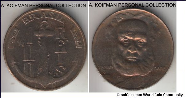 KM-536, 1938 Brazil 100 reis; copper-nickel, plain edge; Admiral Marques Tamandare circulated commemorative issue, issue flan defects and poor strike, does not appear to reach circulation and much better in hand than on the scans.
