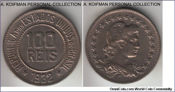 KM-518, 1932 Brazil (Republic) 100 reis; copper-nickel, plain edge; regular circulation issue, toned average uncirculated.