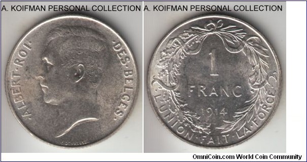 KM-72, 1914 Belgium franc; silver, reeded edge; French legend (DES BELGES), average uncirculated, coin rotation, better than average strike.