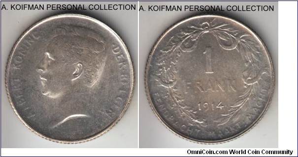 KM-73.1, 1914 Belgium franc; silver, reeded edge; Dutch legend (DER BELGEN), average uncirculated, coin rotation, a very weak strike, barely readable legend on obverse.