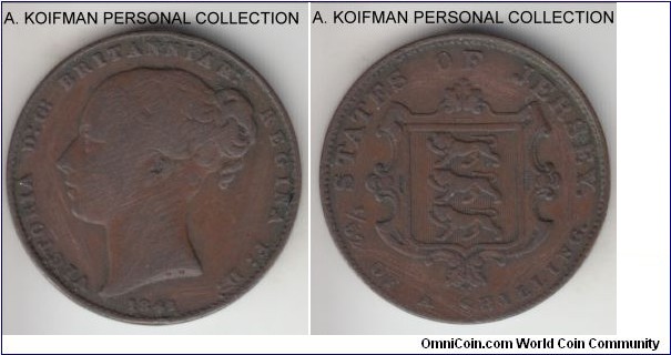 KM-1, 1841 Jersey 1/52'th of a shilling; copper, plain edge; scarce type, fine details, some harsh cleaning few scatches, this specimen seems to have a recut 1841/0 date.