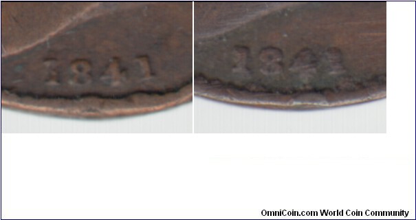 Left detail: JE41B date not recut; right detail: JE41D 1841/0 date recut.