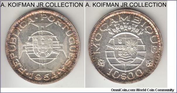 KM-79, 1954 Portuguese Mozambique (Colony) 10 escudos; silver, reeded edge; colonial issue, scarcer year, especially in high grades, bright uncirculated with pleasant peripheral toning.