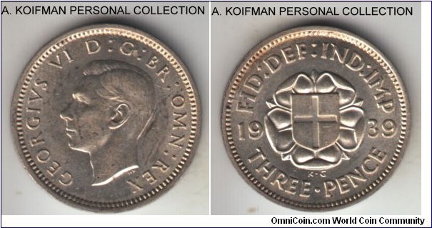 KM-848, 1939 Great Britain 3 pence; silver, plain edge; smallest mintage of the type, first year of WWII, average uncirculated or almost.
