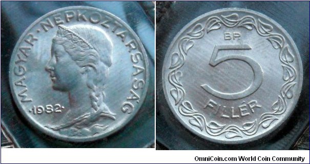 Hungary 5 filler from 1982 annual coin set.
Mintage: 30.010 pieces.