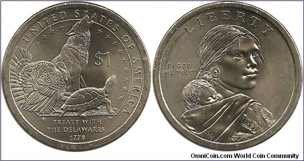 USA 1 Sacagawea Dollar 2013P-Treaty with the Delawares 1778