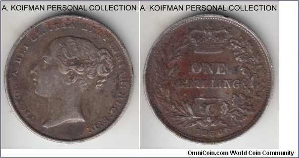KM-734.1, 1856 Great Britain shilling; silver, reeded edge; dark toned good fine, earlier Victoria coinage.