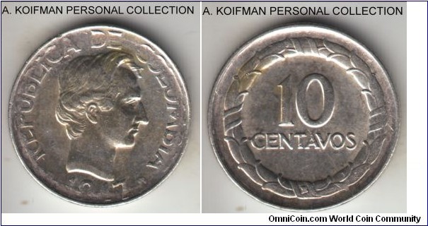 KM-207.1, 1947 Colombia 10 centavos, Bogota mint (B mint mark); silver, reeded edge; decent grade, about good extra fine with little wear but poorly struck.
