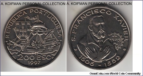 KM-697, 1997 Portugal 200 escudos; copper-nickel, reeded edge; S. Francisco Xavier one year commemorative issue, average uncirculated.