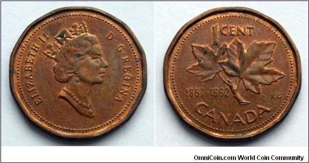 Canada 1 cent.
1992, 125 Anniversary of Canadian Confederation.