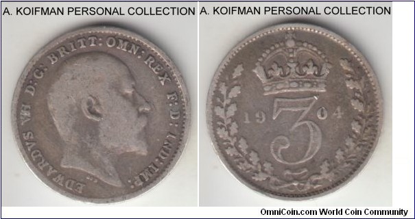KM-797.1, 1904 Great Britain 3 pence; silver, plain edge; early Edward VII, short three year type, about fine.