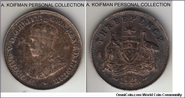 KM-24, 1928 Australia 3 pence; silver, plain edge; good very fine, toned.