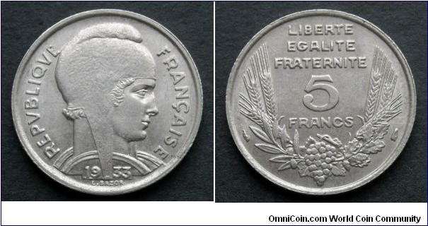 France 5 francs.
1933, Nickel.
L.BAZOR signature.