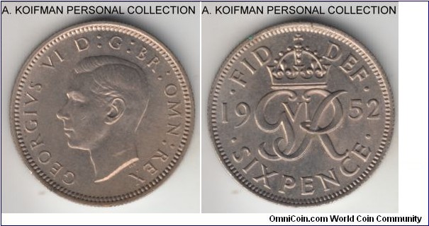 KM-875, 1952 Great Britain 6 pence; copper-nickel, reeded edge; scarce last year of mintage of George VI, very small business strike mintage, uncirculated or about.