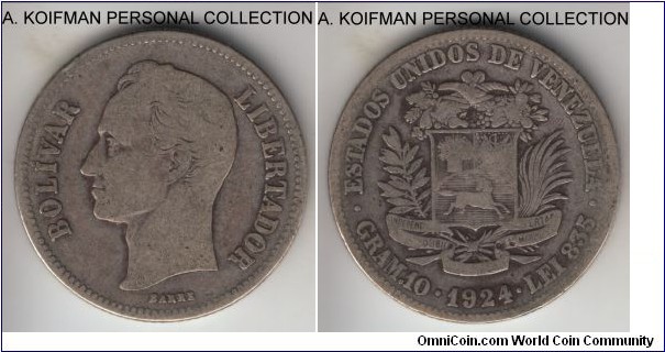 Y#23, 1924 Venezuela 2 bolivares; silver, reeded edge; very good or so.