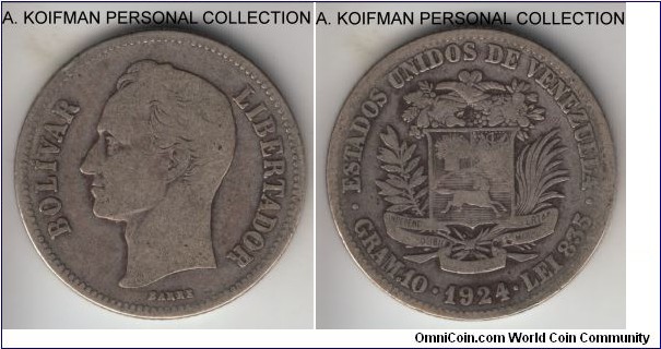 Y#23, 1924 Venezuela 2 bolivares; silver, reeded edge; very good or so.