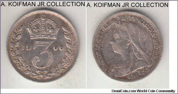KM-777, 1900 Great Britain 3 pence; silver, plain edge; Victoria type, very fine or about.