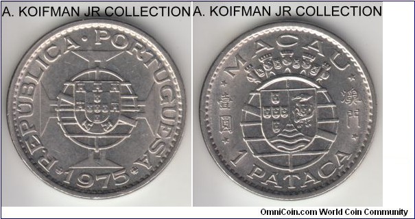 KM-6, 1975 Portuguese Macao pataca; nickel, plain edge; Portuguese rule, last year of the type, average uncirculated.