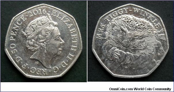 50 pence. 2016, 150th Anniversry of the birth of Beatrix Potter. Mrs. Tiggy-Winkle.