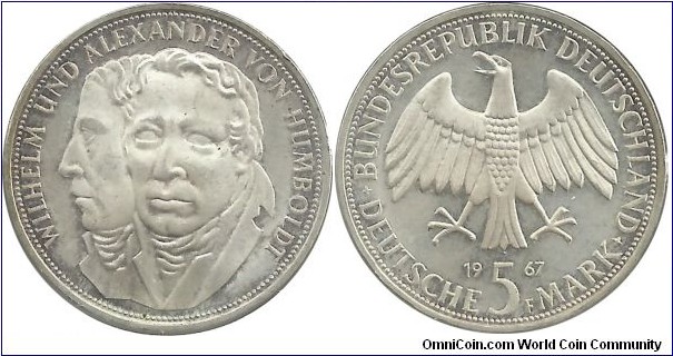 Germany-West 5 DeutscheMark 1967F-Wilhelm and Alexander von Humboldt