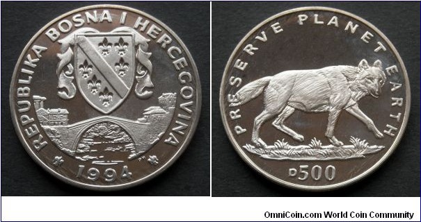 Bosnia and Hercegovina 500 dinara. 1994, Preserve Planet Earth - Grey Wolf