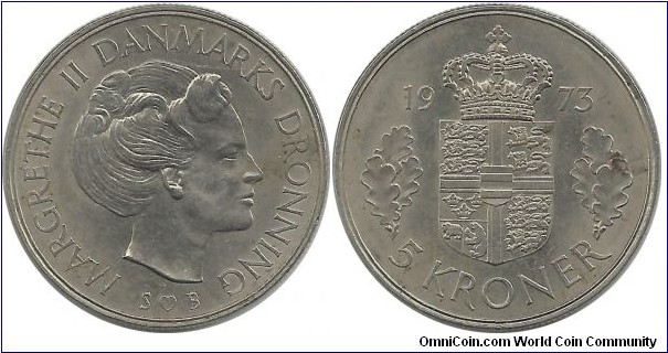 Denmark 5 Kroner 1973 (First year coin of Queen Margrethe II)