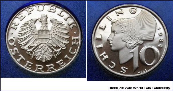 Austria 10 schilling from 1984 proof mint set. Mintage: 65.000 pieces.