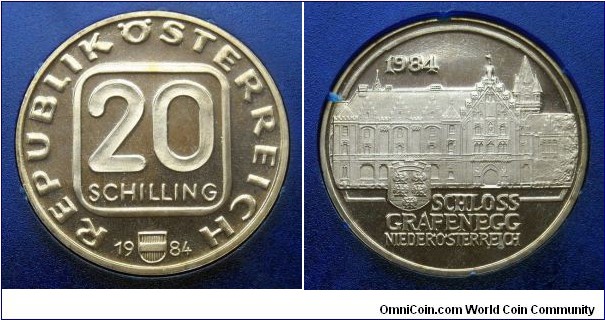 Austria 20 schilling Grafenegg Palace from 1984 proof mint set.
Mintage: 65.000 pieces.