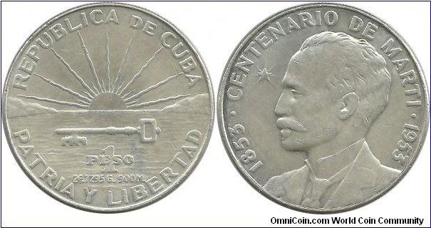 Cuba 1 Peso 1953 - Centenario de Marti (1853-1953)