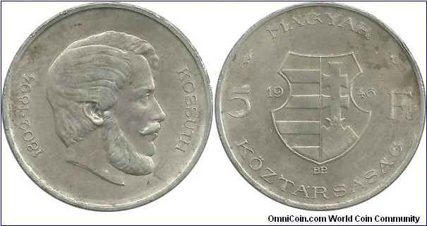 Hungary 5 Forint 1946BP (20.00g /.835 Ag)