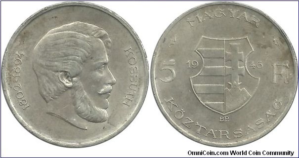 Hungary 5 Forint 1946BP (20.00g /.835 Ag)