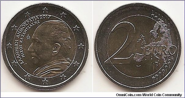 2 Euro KM#NEW 8.5000 g., Bi-Metallic Nickel-Brass center in Copper-Nickel ring, 25.75 mm. Subject : 60 years in memoriam of Nikos Kazantzakis  Obv: The coin features a profile portrait of Nikos Kazantzakis, one of Greece’s greatest 20th century writers. Inscribed along the inner circle, at the left, is the wording ‘HELLENIC REPUBLIC’ and the name ‘NIKOS KAZANTZAKIS’ (in Greek). At the top is the year of issuance ‘2017’ and at centre left a palmette (the mint mark of the Greek Mint). Also visible at lower right is the monogram of the artist (George Stamatopoulos). The coin’s outer ring bears the 12 stars of the European Union. Rev: 2 on the left-hand side, six straight lines run vertically between the lower and upper right-hand side of the face, 12 stars are superimposed on these lines, one just before the two ends of each line, superimposed on the mid - and upper section of these lines; the European continent ( extended ) is represented on the right-hand side of the face; the right-hand part of the representation is superimposed on the mid-section of the lines; the word ‘EURO’ is superimposed horizontally across the middle of the right-hand side of the face. Under the ‘O’ of EURO, the initials ‘LL’ of the engraver appear near the right-hand edge of the coin. Edge: Edge lettering (Hellenic Republic), fine milled. Obv. designer: Georgios Stamatopoulos Rev. designer: Luc Luycx
