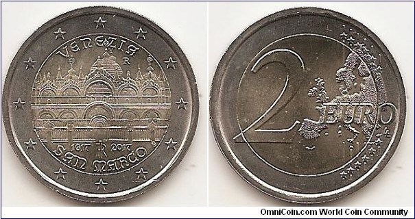 2 Euro KM#411 8.5000 g., Bi-Metallic Nickel-Brass center in Copper-Nickel ring, 25.75 mm. Subject : 400th Anniversary of the completion of the Basilica of San Marco in Venice Obv: The coin features Façade of the Basilica of San Marco in Venice; in the exergue the dates ‘1617’ and ‘2017’,respectively year of the completion of the Basilica and year of the issue of the coin, beside the logo of the Italian Republic ‘RI’; below the inscription ‘SAN MARCO’; on the right ‘LDS’, initials of the author Luciana De Simoni; on the top the inscription ‘VENEZIA’, and the mintmark of the Mint of Rome ‘R’.. The coin’s outer ring bears the 12 stars of the European Union. Rev: 2 on the left-hand side, six straight lines run vertically between the lower and upper right-hand side of the face, 12 stars are superimposed on these lines, one just before the two ends of each line, superimposed on the mid - and upper section of these lines; the European continent ( extended ) is represented on the right-hand side of the face; the right-hand part of the representation is superimposed on the mid-section of the lines; the word ‘EURO’ is superimposed horizontally across the middle of the right-hand side of the face. Under the ‘O’ of EURO, the initials ‘LL’ of the engraver appear near the right-hand edge of the coin. Edge: Combination of the number 2 and * repeated six times, fine milled. Obv. designer: Luciana De Simoni Rev. designer: Luc Luycx