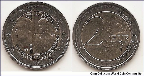2 Euro KM#NEW 8.5000 g., Bi-Metallic Nickel-Brass center in Copper-Nickel ring, 25.75 mm. Subject : The 200th anniversary of the Grand Duke Guillaume III Obv: The coin The design shows on the left hand the effigy of His Royal Highness, the Grand-Duke Henri, looking to the left and on the right hand the effigy of HRH the Grand-Duke Guillaume III. At the top of the design is depicted the year-date ‘2017’. At the bottom appears the text ‘GRANDS-DUCS DE LUXEMBOURG’. The name ‘GUILLAUME III’ followed by the indication of the year of birth ‘*1817’ is depicted above the respective effigy. The coin’s outer ring bears the 12 stars of the European Union. Rev: 2 on the left-hand side, six straight lines run vertically between the lower and upper right-hand side of the face, 12 stars are superimposed on these lines, one just before the two ends of each line, superimposed on the mid - and upper section of these lines; the European continent ( extended ) is represented on the right-hand side of the face; the right-hand part of the representation is superimposed on the mid-section of the lines; the word ‘EURO’ is superimposed horizontally across the middle of the right-hand side of the face. Under the ‘O’ of EURO, the initials ‘LL’ of the engraver appear near the right-hand edge of the coin. Edge: Combination of the number 2 and ** repeated six times, fine milled. Obv. designer: BCL Rev. designer: Luc Luycx