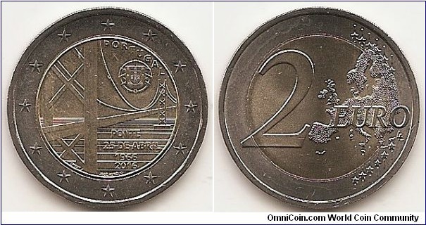 2 Euro KM#866 8.5000 g., Bi-Metallic Nickel-Brass center in Copper-Nickel ring, 25.75 mm. Subject : 50 years of the first bridge uniting the two riverbanks of the Tejo River Obv: The design depicts the image of the bridge. At the top right is the inscription ‘PORTUGAL’. At the bottom right are the inscriptions ‘PONTE’, ‘25 DE ABRIL’, ‘1966’ and ‘2016’, one below the other. At the bottom left is the mintmark ‘INCM’ and at the bottom centre is the name of the designer ‘JOSÉ AURÉLIO’. The coin’s outer ring bears the 12 stars of the European Union. Rev: 2 on the left-hand side, six straight lines run vertically between the lower and upper right-hand side of the face, 12 stars are superimposed on these lines, one just before the two ends of each line, superimposed on the mid - and upper section of these lines; the European continent ( extended ) is represented on the right-hand side of the face; the right-hand part of the representation is superimposed on the mid-section of the lines; the word ‘EURO’ is superimposed horizontally across the middle of the right-hand side of the face. Under the ‘O’ of EURO, the initials ‘LL’ of the engraver appear near the right-hand edge of the coin. Edge: Five coats of arms and seven castles, all equally spaced, fine milled. Obv. designer: Jose Aurelio Rev. designer: Luc Luycx